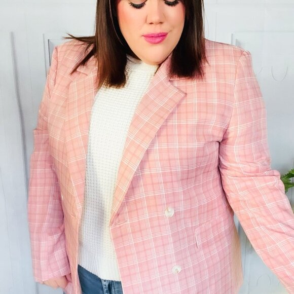 New -Pink Plaid Double Breasted Collar Lapel Blazer - Picture 10 of 14